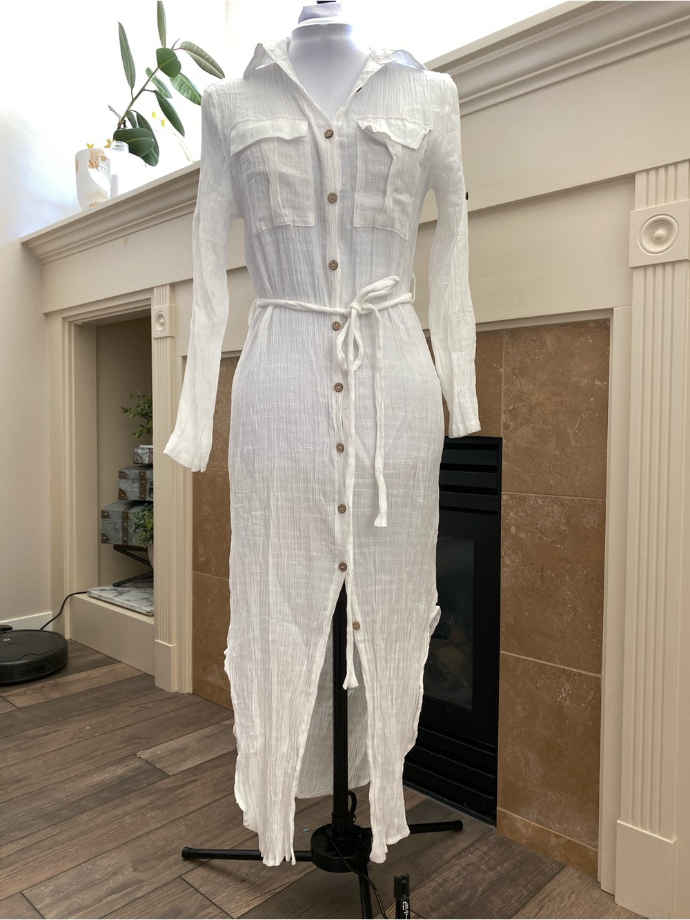 Crinkle White Viscose-Blend Swimsuit Cover-up